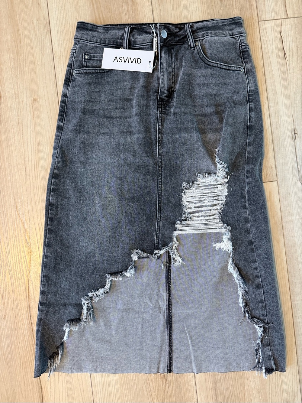 ViVI Washed Gray Distressed Denim Midi Skirt